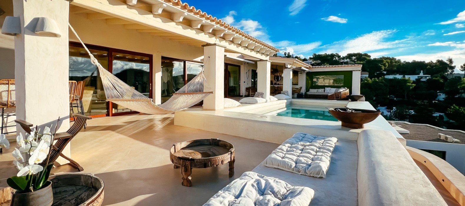 Exterior chill area with hammock of Villa The Nest One in Ibiza
